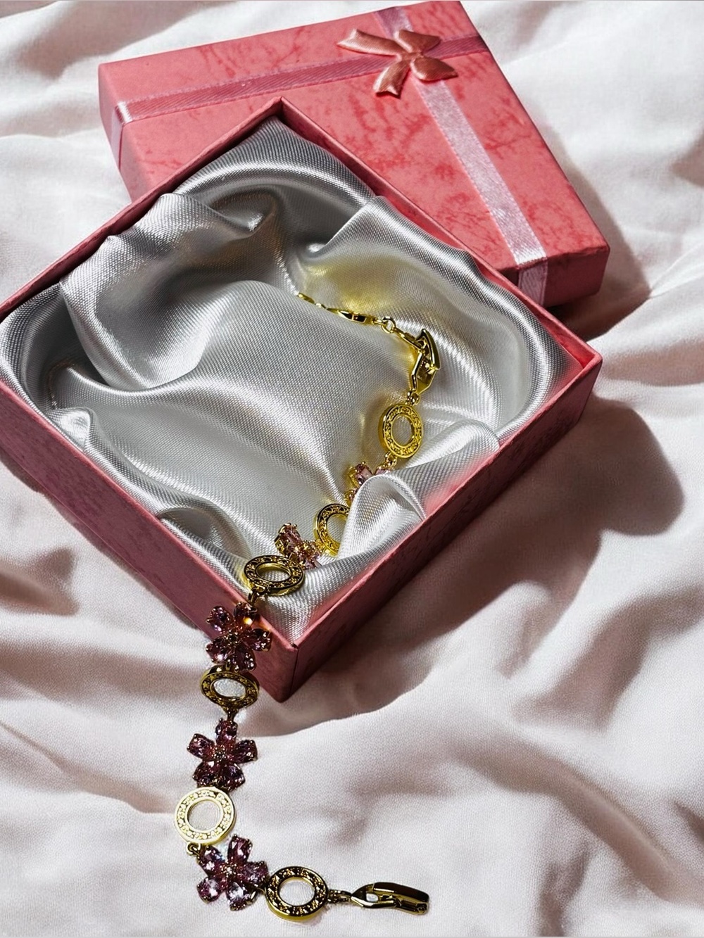 Vintage Style Gold Pink Crystal Flower Circle Link Tennis Bracelet 8.25